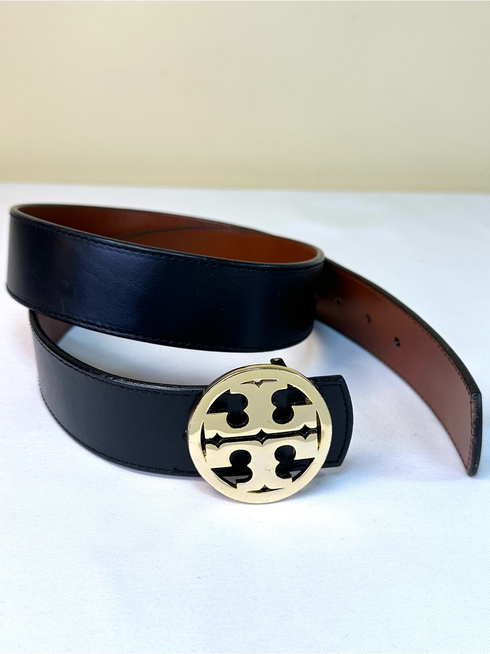Tory Burch Black Leather Belt with Gold Logo Buckle